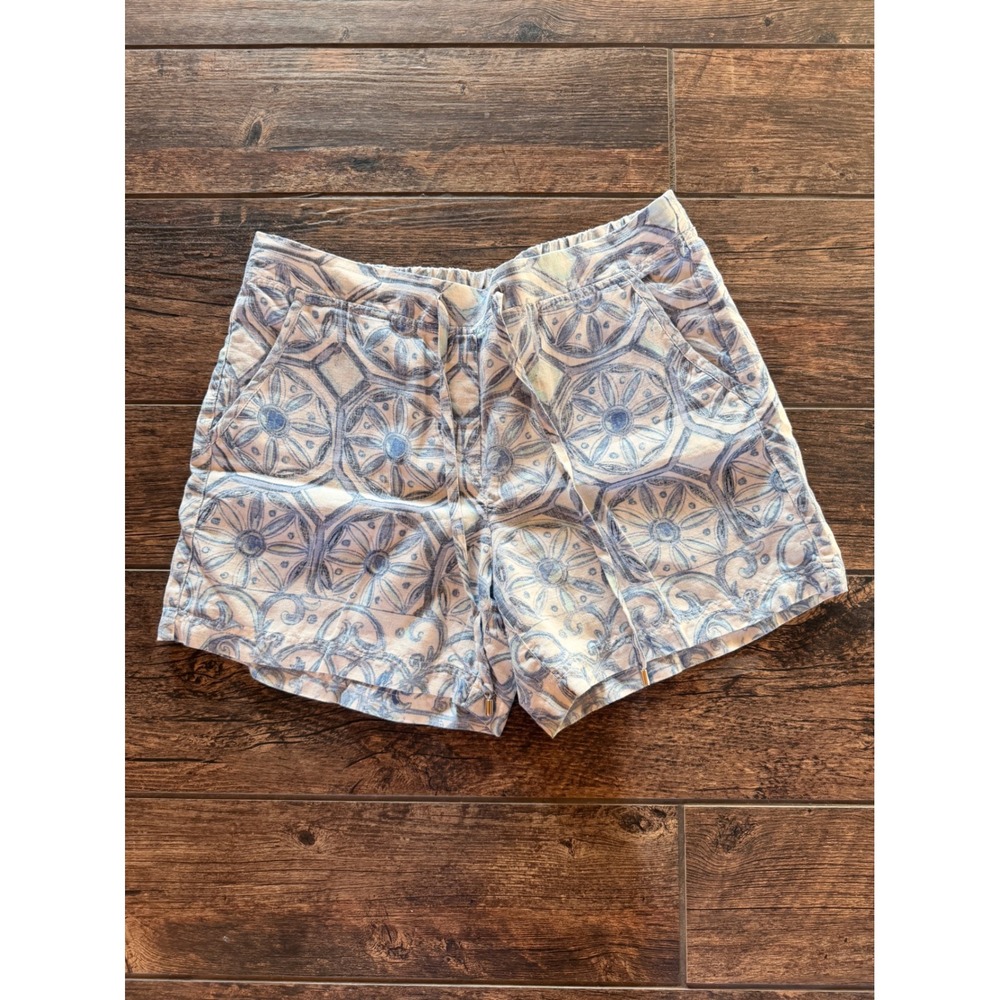 Tommy Bahama Womens Blue White Tile Print 100% Linen Drawstring Shorts‎ Size 12